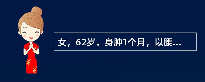 女，62岁。身肿1个月，以腰以下为甚，脘腹胀闷，纳呆便溏，面色萎黄，神倦，肢冷畏