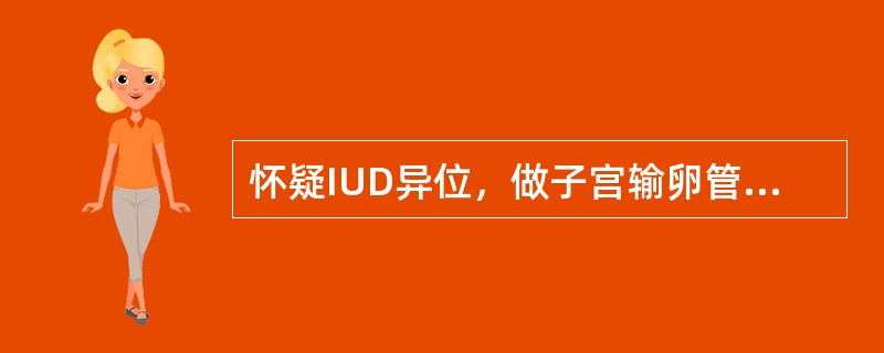 怀疑IUD异位，做子宫输卵管碘油造影。造影剂显示宫腔影像外3cm处见IUD