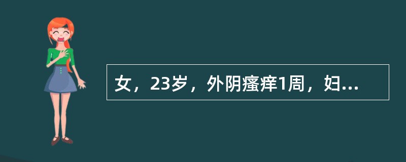 女，23岁，外阴瘙痒1周，妇科检查：外阴无异常，阴道内有黄色脓性分泌物，宫颈中度