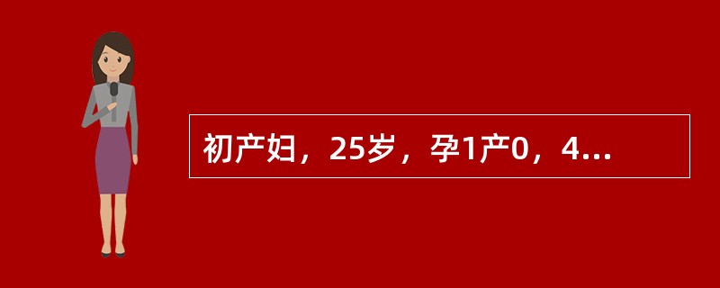 初产妇，25岁，孕1产0，41周妊娠，查体：宫高32cm，腹围96cm．LOA，