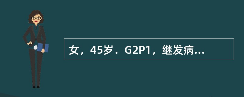 女，45岁．G2P1，继发病经，近3年未作妇科检查，月经第二天感下腹剧痛，大汗淋