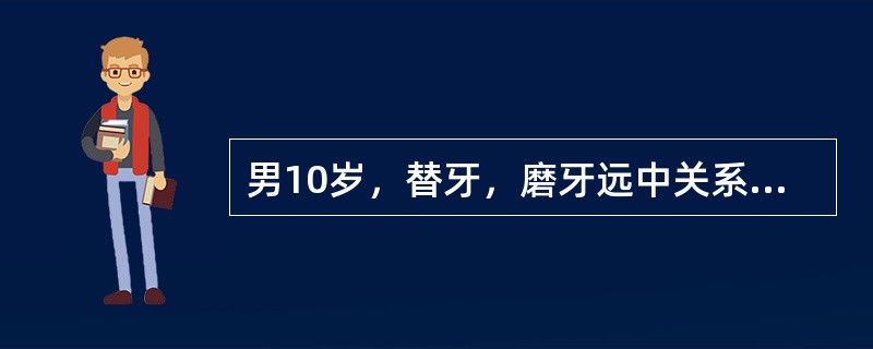 男10岁，替牙，磨牙远中关系，上颌发育正常，前牙Ⅲ度深覆，下颌后缩，下切牙略舌倾