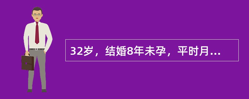 32岁，结婚8年未孕，平时月经6-7/30，停经60天，阴道不规则出血伴左下腹隐