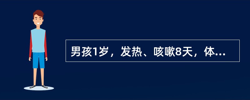 男孩1岁，发热、咳嗽8天，体检皮肤猩红热样皮疹，呼吸急促，右肺背部叩诊稍浊，两肺