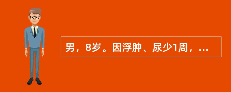 男，8岁。因浮肿、尿少1周，烦躁、气促半天人院。查体：体温36.8℃，血压18.