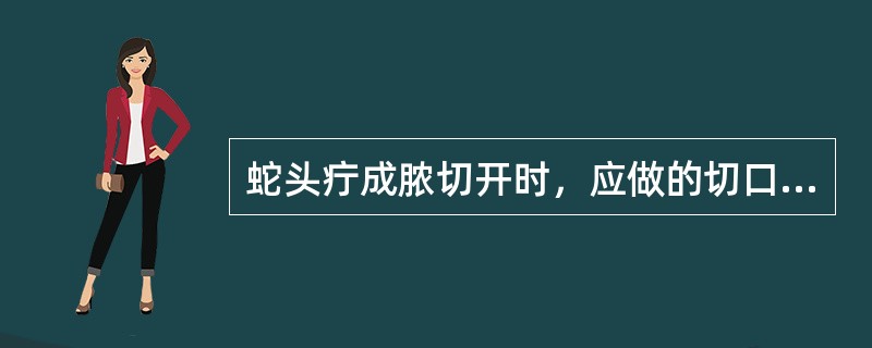 蛇头疔成脓切开时，应做的切口为（）