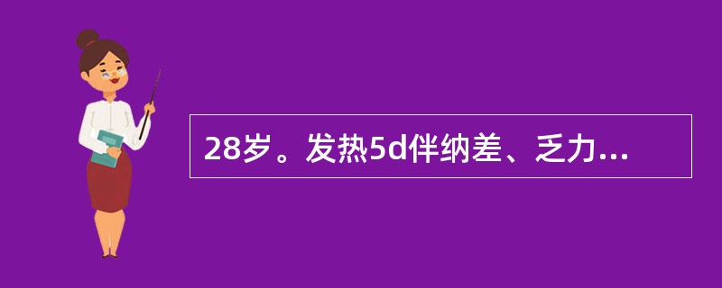 28岁。发热5d伴纳差、乏力、腹痛、腹胀、腹泻，自服退热药及复方新诺明、氯霉素等