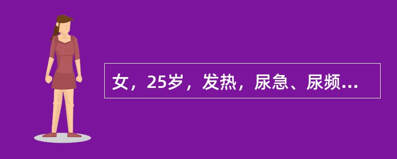 女，25岁，发热，尿急、尿频，伴腰痛1周。尿沉渣白细胞10～20个／HP，可见白