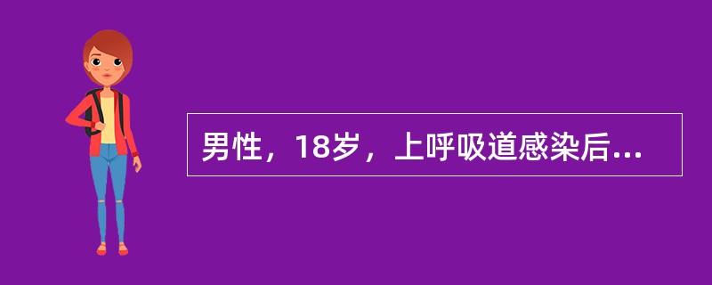 男性，18岁，上呼吸道感染后2天出现血尿，尿常规蛋白阴性、尿红细胞满视野。提问：
