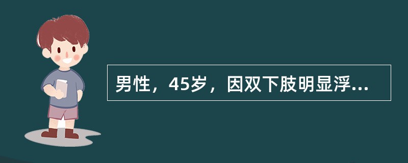 男性，45岁，因双下肢明显浮肿就诊。体检：血压16/11kPa（120/82mm