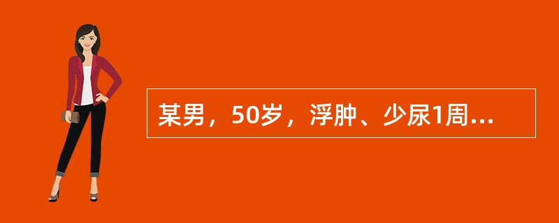 某男，50岁，浮肿、少尿1周，Bp160/100mmHg，尿蛋白含量3g/24h