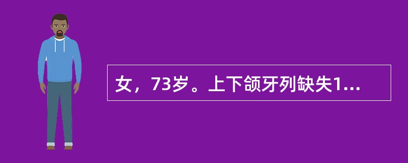 女，73岁。上下颌牙列缺失15年。曾进行过3次全口义齿修复。牙槽嵴极度低平，黏膜