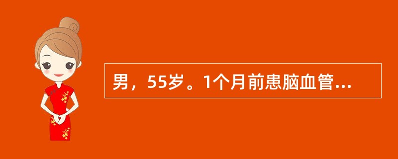 男，55岁。1个月前患脑血管意外，现左半侧肢体瘫痪，口眼?斜，口角流涎，语言不清