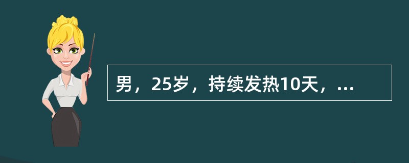 男，25岁，持续发热10天，开始为38．2℃左右，5天后持续高热39～40℃，伴