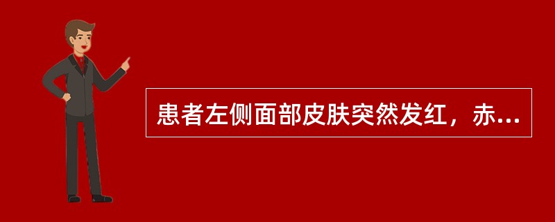 患者左侧面部皮肤突然发红，赤如涂丹，恶寒发热，头痛，骨节疼痛，眼胞肿胀，舌红，苔