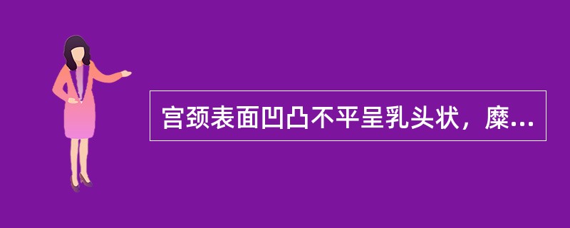 宫颈表面凹凸不平呈乳头状，糜烂面占宫颈2/3以上（）