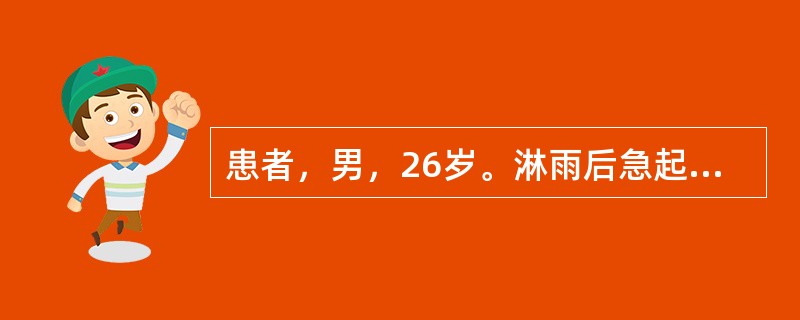 患者，男，26岁。淋雨后急起畏寒，发热，咳嗽，咳铁锈色痰，胸痛。查体：口唇周围有