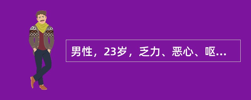 男性，23岁，乏力、恶心、呕吐7天，尿黄如浓茶色，查巩膜黄染，肝肋下2cm，触痛