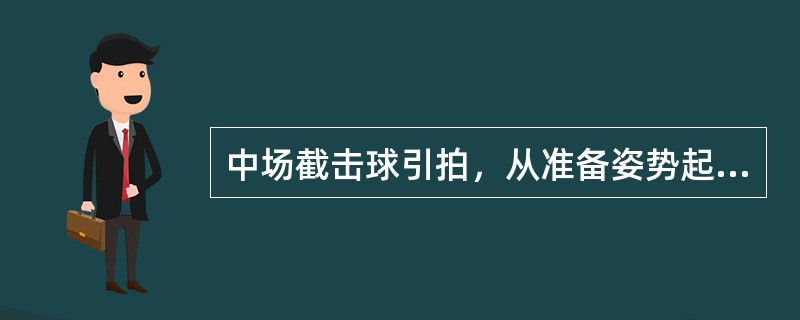 中场截击球引拍，从准备姿势起，转肩转体收紧腋部完成引拍，（），左手展开平衡身体。