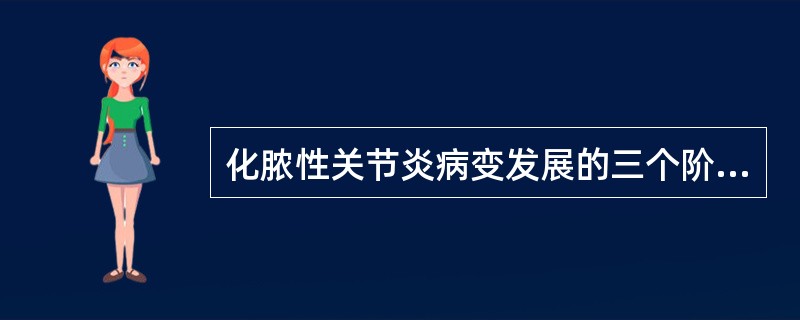 化脓性关节炎病变发展的三个阶段为浆液性渗出期，浆液纤维素性渗出期，脓性渗出期。(