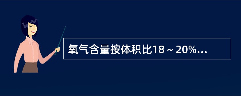 氧气含量按体积比18～20%时，呼吸就会（）。