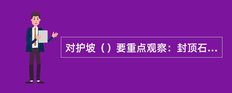 对护坡（）要重点观察：封顶石是否平整严紧，有无缺失、松动、勾缝脱落。