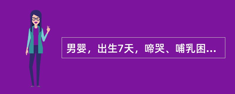 男婴，出生7天，啼哭、哺乳困难。临床检查见患儿两颊黏膜、软腭充血，上有散在的色白