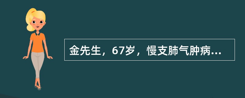 金先生，67岁，慢支肺气肿病史30多年，2周前感冒，后出现发热、咳嗽、咳大量粉色