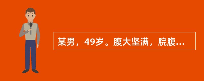 某男，49岁。腹大坚满，脘腹绷急，外坚内胀，拒按，烦热口苦，渴不欲饮，溲赤，便溏