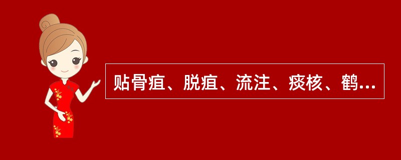 贴骨疽、脱疽、流注、痰核、鹤膝风等，患处漫肿无头，皮色不变，酸痛无热，口中不渴，