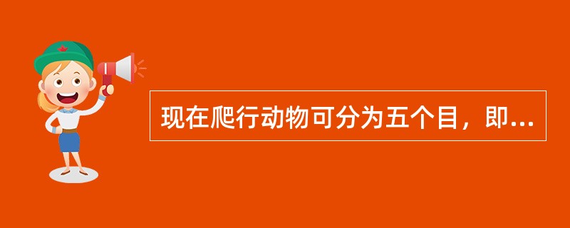现在爬行动物可分为五个目，即（）目、（）目、（）目、（）目和（）目。其中最古老的