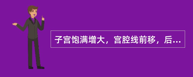 子宫饱满增大，宫腔线前移，后壁肌层回声不均匀，可见散在斑点状无回声区，血流信号稍