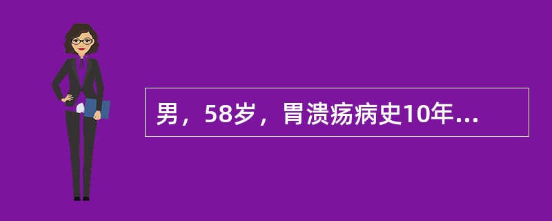 男，58岁，胃溃疡病史10年，近2个月又有上腹痛，失去原有规律性，钡餐：胃腔轮廓