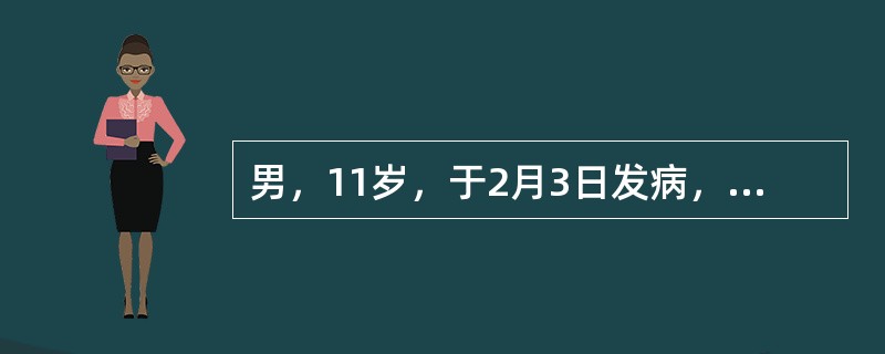 男，11岁，于2月3日发病，突起高热，头痛，呕吐2天入院。体检见全身皮肤有瘀点、