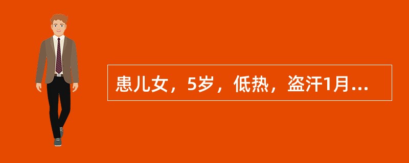 患儿女，5岁，低热，盗汗1月，近10d来，烦躁，脑脊液检查：微混，白细胞300×