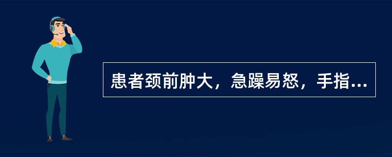 患者颈前肿大，急躁易怒，手指颤动，烦热，心悸，多食易饥，舌质红，苔黄，脉弦数。宜