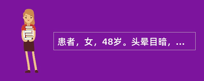 患者，女，48岁。头晕目暗，两目干涩，视物昏花，腰膝酸软，遗精，舌淡苔白，脉细。