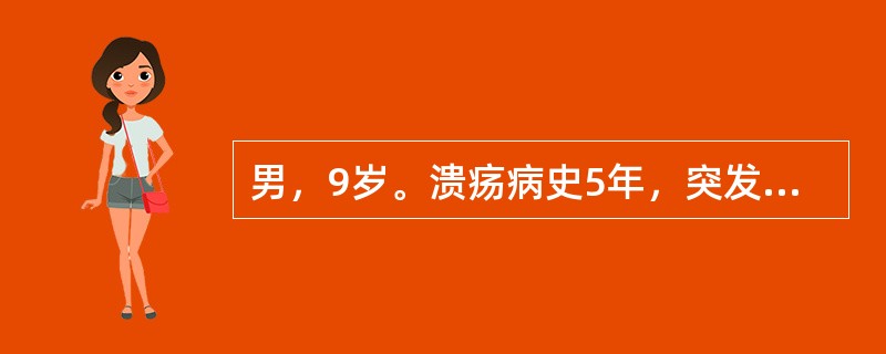 男，9岁。溃疡病史5年，突发呕血2小时入院。患者出现冷汗、脉搏细速、呼吸浅促，血