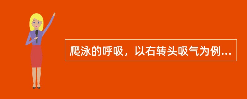 爬泳的呼吸，以右转头吸气为例：右臂推水结束手臂出水时快速将余气吐出，同时下颚向右