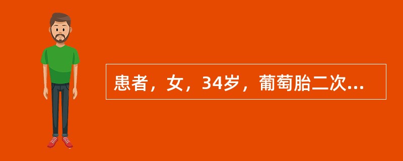 患者，女，34岁，葡萄胎二次清宫后2个月，阴道不规则流血持续存在，尿HCG阳性，