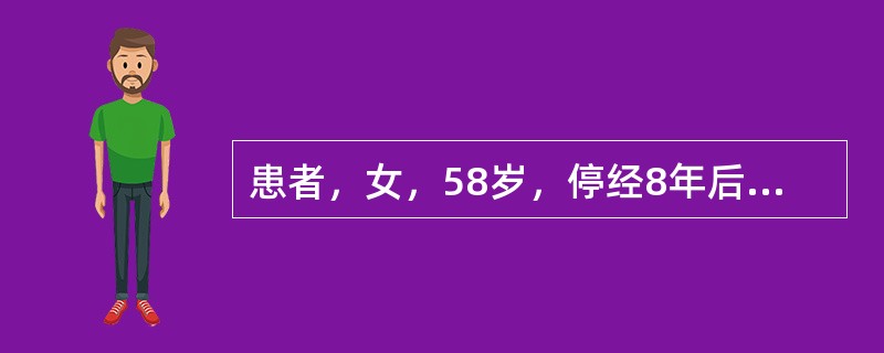 患者，女，58岁，停经8年后阴道流血。妇科检查：宫颈表现光滑，子宫丰满、软，双侧