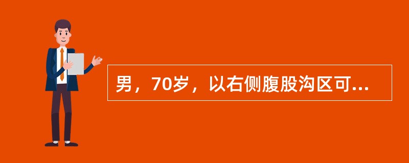 男，70岁，以右侧腹股沟区可复性肿块5年就诊。查体：站立位时右侧腹股沟部内侧、耻