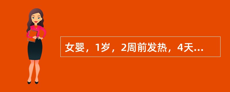 女婴，1岁，2周前发热，4天后出疹。皮疹3天出齐，3天来体温已退，查体可见躯干四