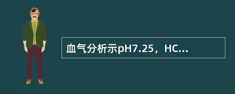 血气分析示pH7.25，HCO18mmol/L，PCO34mmHg，CO2CP1