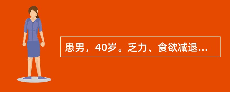 患男，40岁。乏力、食欲减退半个月。查体：肝于肋缘下1cm，脾侧位可扪及。HBs