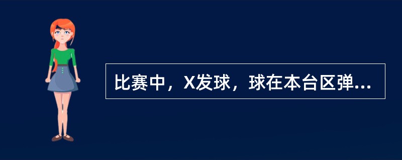比赛中，X发球，球在本台区弹起，触到网柱后高高弹起，到A方台区上空，球降落时，A