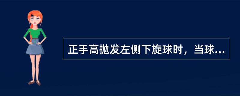 正手高抛发左侧下旋球时，当球下降到接近头部高度时持拍手由右后上方向挥摆，球拍从球