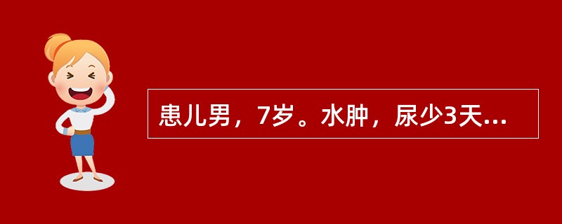 患儿男，7岁。水肿，尿少3天入院。查体；神清，眼睑水肿明显，双下肢非凹陷性水肿，