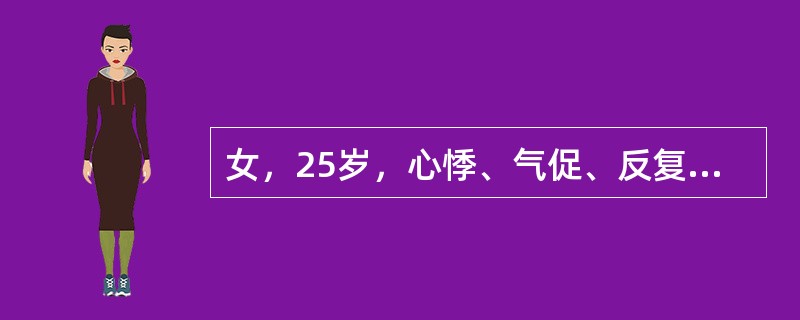 女，25岁，心悸、气促、反复咯血10年。体检：梨型心影，心尖区有舒张期隆隆样杂音