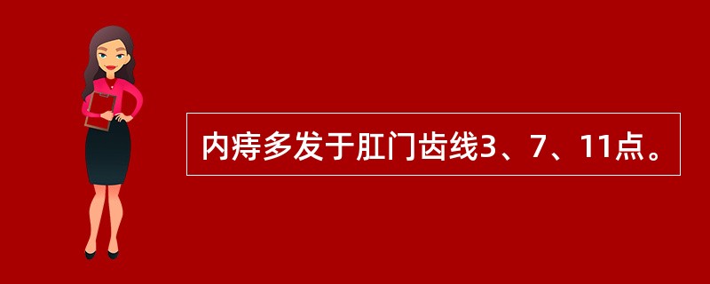 内痔多发于肛门齿线3、7、11点。